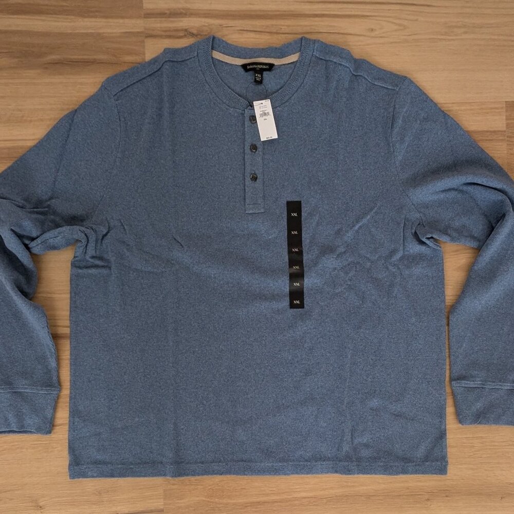 NWT Banana Republic XXL Waffle Knit Thermal Henley Long Sleeve Heather Blue Shir